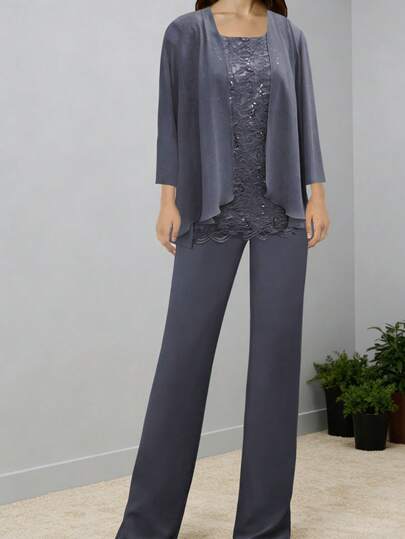 Sophisticated Two Piece Lace Chiffon Pantsuit Featuring a Round Neck Sequin Lace Top Paired with a Softly Draped Chiffon Jacket, Designed with an Asymmetrical Hem for Modern Structure and Visual Interest, Matched with Coordinated Wide Leg Chiffon Pants Creating a Slimming and Comfortable Silhouette, Lightweight Fabrics Offering Smooth Drape and Subtle Shine, Suitable for Mother of the Bride or Groom Outfit, Business Evening Events, Wedding Receptions and Semi-Formal Occasions, Ideal for Women Who Prefer Elegant Pantsuits Combining Practical Comfort, Refined Style and Confident Modern Femininity