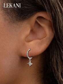 1对S925纯银四叶草锆石耳环，精致简约时尚耳环，百搭时尚首饰，适合送给女性、女友、母亲、朋友，日常佩戴 - 銀色 - 查看 7