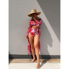 Women's 3 Piece Swimsuit Floral Bikini Set With Cover Up, High Waist Bathing Suit Push Up Padded Swimwear Red - Nhiều màu 184 - Xem 3