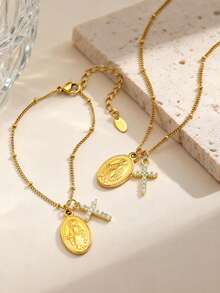 1pc Stainless Steel Virgin Mary Cross Charm Gold Bracelet, Christian Jewelry For Women - Yellow Gold - View 1
