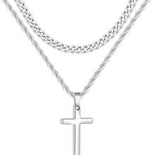 Quà tặng Ngày Valentine cho nam giới - Bộ 2 dây chuyền hình thánh giá, unisex, dây chuyền thánh giá nhiều lớp dành cho nam, mặt dây chuyền bằng thép không gỉ, dây xích mắt xích, chiều dài 16-26 inch, quà tặng trang sức. - Nhiều màu - Xem 1