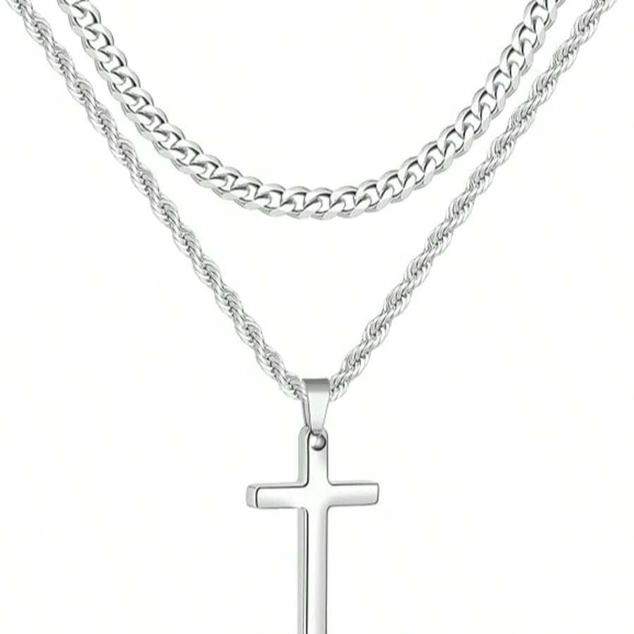 Quà tặng Ngày Valentine cho nam giới - Bộ 2 dây chuyền hình thánh giá, unisex, dây chuyền thánh giá nhiều lớp dành cho nam, mặt dây chuyền bằng thép không gỉ, dây xích mắt xích, chiều dài 16-26 inch, quà tặng trang sức. - Nhiều màu - Xem 1