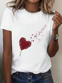 Plus Size - Plus Size - Fashion Plus Size Short Sleeve T-Shirt |   Elegant Crew Neck, Comfortable All-Season Fabric With Heart Design And Applique Details - 白色 3 - 查看 2