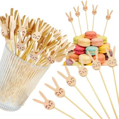 50pcs/Pack Easter Bunny Tail Toothpicks | Beige Rabbit Bamboo Toothpicks | Long Appetizer Fruit Decor Picks | Decorative Birthday Spring Easter Holiday Party Supplies