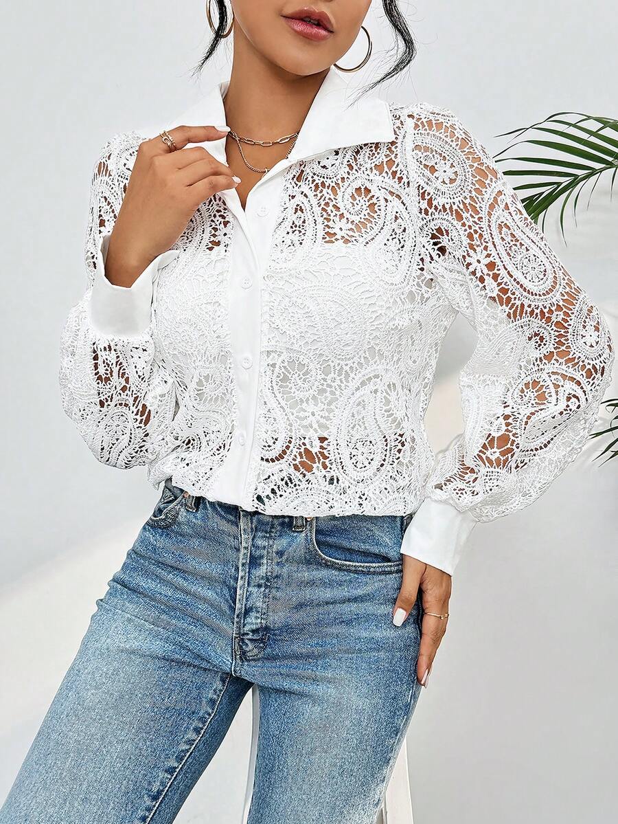 Summer Blouse With Floral Guipure Lace, Long Sleeves, And A High Neck. - White - View 1