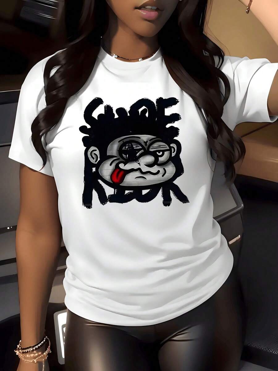 Figura de rostro caricaturesco con expresión divertida y lengua roja representando actitud rebelde urbana moderna camiseta de mujer blanca 220g casual confortable - Blanco - Ver 1