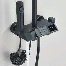 Black Exposed Shower System 4 Function Rainfall Shower Faucet Set W/Hand Shower - 黑色 - 查看 4