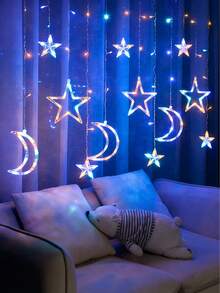 Star & Moon Shaped Decorative String Lights, Battery Powered, Suitable For Party, Wedding, Birthday Occasions, Can Be Used As Curtain Lights, Bedroom Star & Moon Lights, Student Apartment Decor, Indoor & Outdoor Decoration, Shining Wedding Garden And Room Decor - Đèn rèm hình sao và mặt trăng - Xem 5