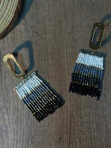 AHAYA Metal Hoop Seed Bead Tassel Earrings, Bohemian Glass Bead Creative Handmade Jewelry, Ombre Dangle Earrings Suitable For Daily, Casual, Beach Wear - Black - View 7