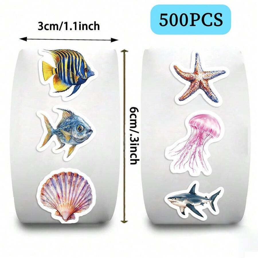 500张/卷 卡通海洋生物和贝壳贴纸 - PVC防水贴纸,适用于日记本和手机壳装饰 - 500PCS/Roll - 查看 1