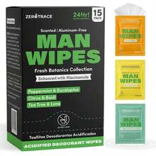 Zero Trace Travel Deodorant Wipes For Men \U2013 15 Individually Wrapped Body Wipe With Peppermint, Citrus &Amp; Basil, Tea Tree &Amp; Lime \U2013 Aluminum-Free, PH-Balanced Fresh Wipes For Gym, Travel &Amp; Daily Use - ColorA - 查看 1