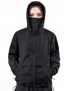 女士夏季轻便可收纳连帽防晒外套，尼龙透气凉爽面料，带拉链口袋，适合户外运动、沙滩等户外活动，黑色，春季款。 - 黑色 - 查看 7