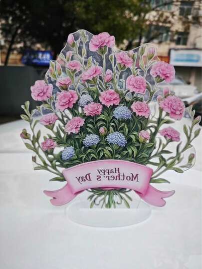2D Flat Acrylic Carnation Mother's Day Desk Plaque - Ideal For Office, Bedroom And Living Room, Perfect Birthday Or Creative Gift For Mom, Multifunctional Floral Decor With Stand