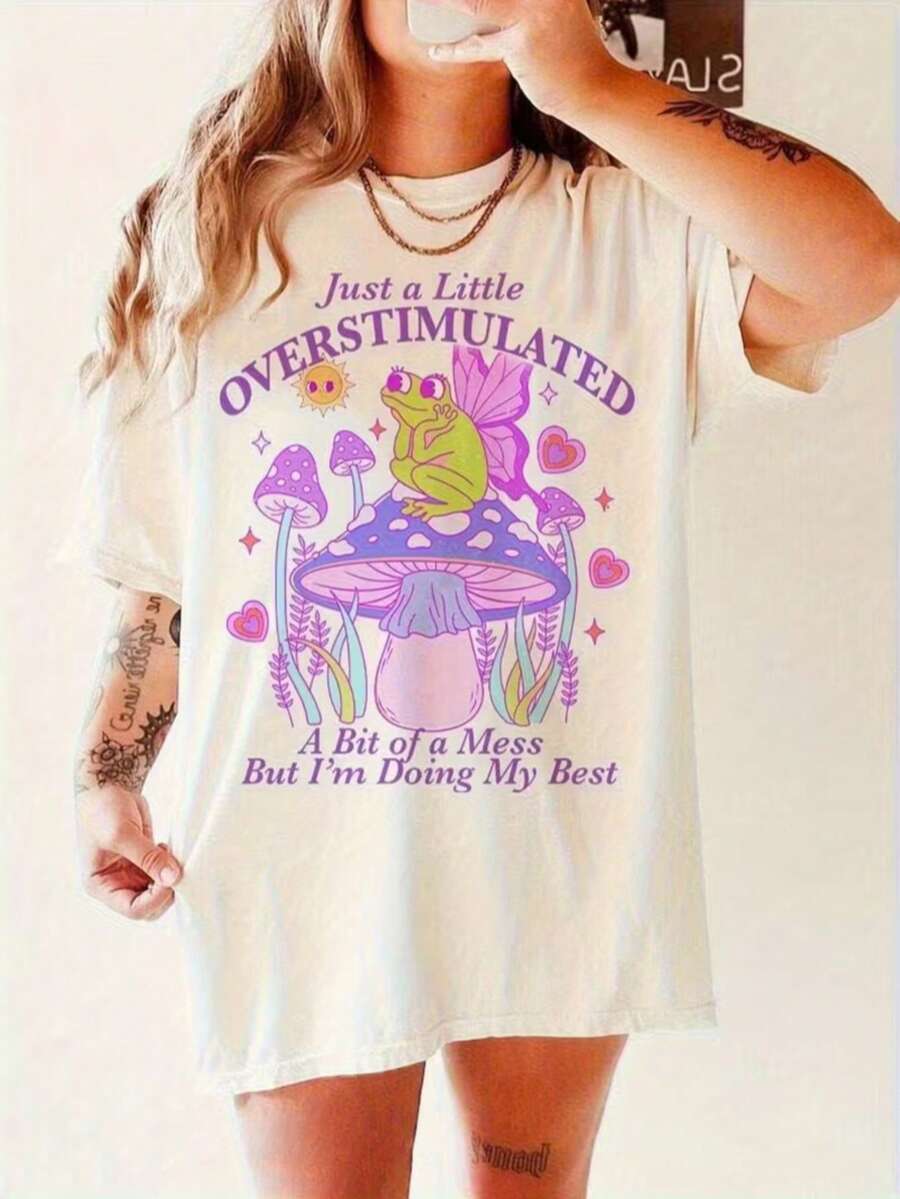 1pc Overstimulated ADHD Burnout Neurodiversity T-Shirt - For Overstimulated Mom/Teacher, Autism & Anxiety, Breathable Casual Wear, Unisex Top Suitable For Daily Wear With ADHD & Label Visibility (Machine Washable) Woman 180g Polyester T-Shirt Valentine Outfits For Women - 白色 - 查看 1