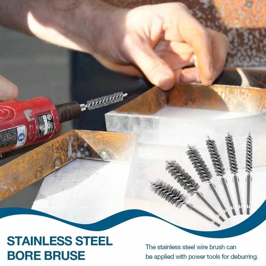6 Pcs Stainless Steel Pipe Cleaning Brush Set 1/4" Hexagonal Bar Twisted Wire Hole Brush Cleaning Brush Bristle Wire Brush Hole
