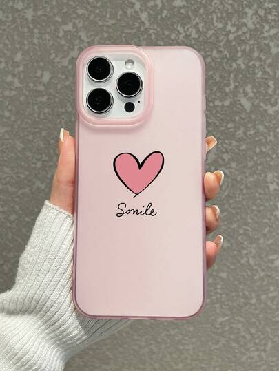 כיסוי טלפון ורוד אחד עם הדפס "חיוך" ו"לב", כיסוי מט חלבי למניעת נפילה בסגנון אסתטי של לבבות, תואם לאייפון 11/12/13/14/15/16/17 פרו/פרו מקס, מתאים ליום האהבה, יום הולדת, יום החיוך העולמי, חובבי אנרגיה חיובית ולשימוש יומיומי