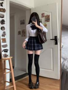 JK三点セット長袖シャツ+蝶ネクタイ+プリーツスカート制服セット女子高生制服チェック柄レディースセットアップ学園風cosplay卒業式入学式コスプレ日系春夏新作セーラー服キュート甘いスカートボタンカーディガンアンダーウェア学生 - ブラック - チェックする 6