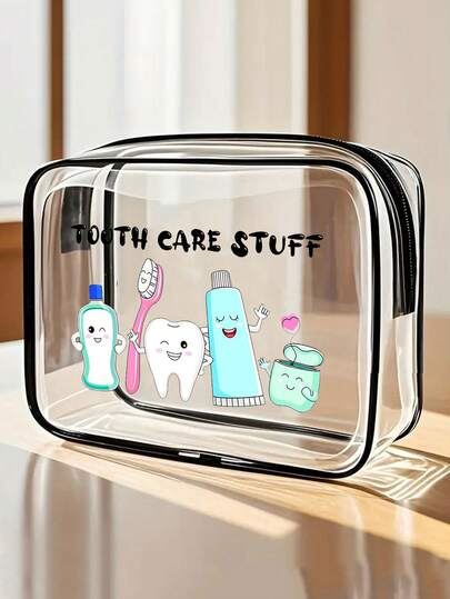 Bolsa de tocador con estampado de letras "Tooth Care Stuff", bolsa organizadora de viaje de PVC con cierre de cremallera - Bolsa de maquillaje y artículos de tocador ligera y resistente a la decoloración para niños, niñas, adultos, estuche cosmético portátil aprobado por la TSA, diseño fácil de limpiar, bolsa de cosméticos para madre, maestro, amigo, enfermera, bolsa de regalo de oficina, bolsa de artículos de viaje esenciales para útiles escolares de vacaciones, regreso a la escuela, bolsa de aseo impermeable