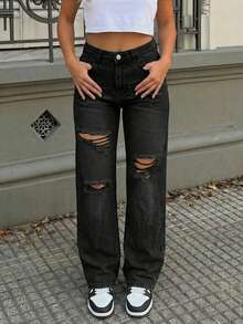 Women's Boyfriend Ripped Loose Straight Jeans - Black - View 3