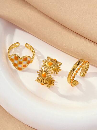 3件套18K镀金不锈钢心形戒指，橙色珐琅，适合女性佩戴或作为礼物