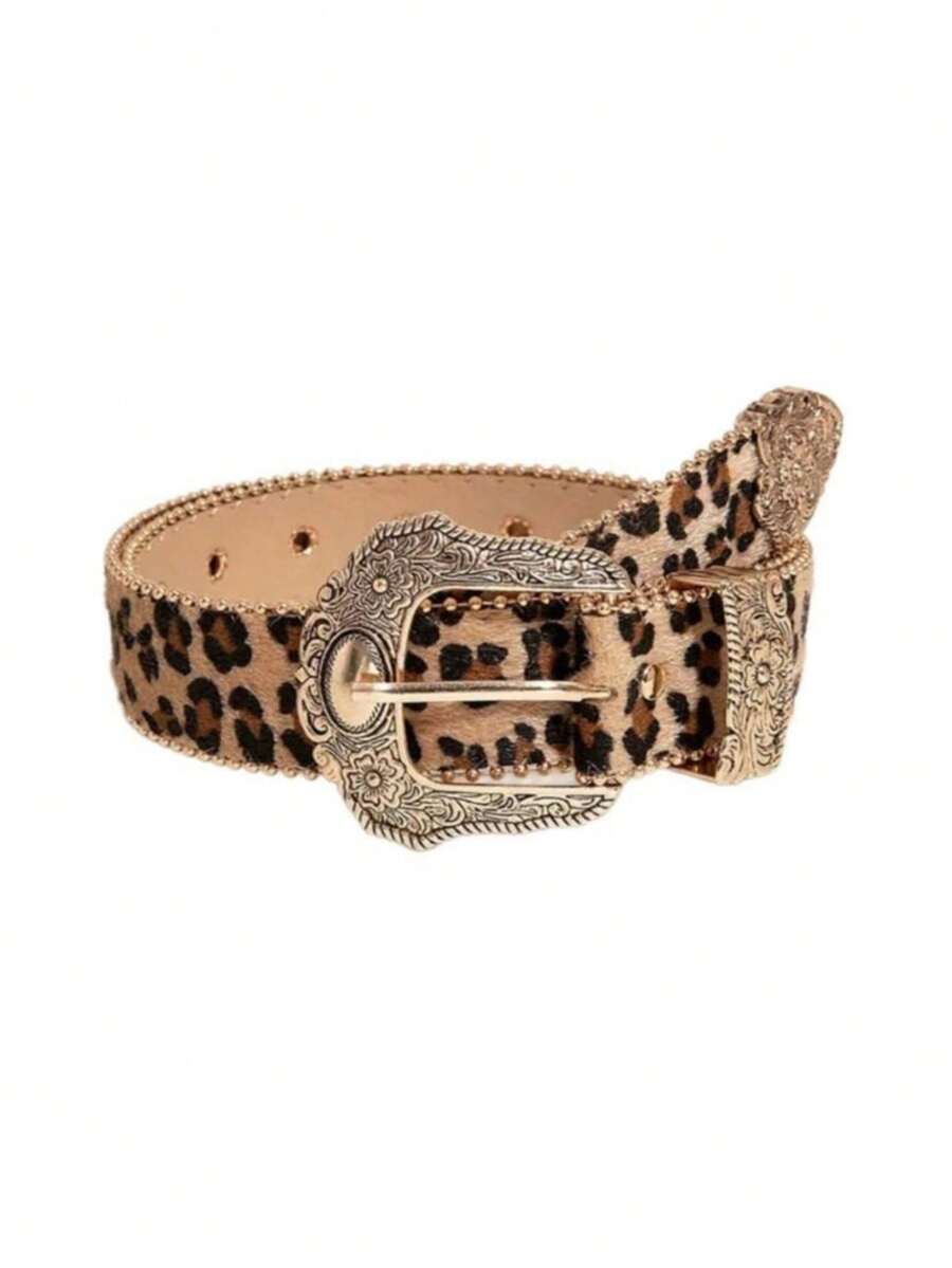1pc Leopard Print Retro Vintage Style Gold Metal Carved Buckle PU Leather Belt