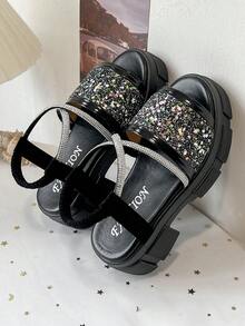 Rainbow Woven Platform Sandals​ With Adjustable Ankle Strap - Black - View 8