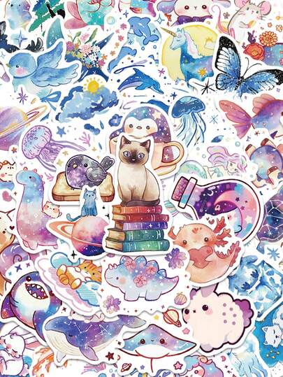 53 pièces Autocollants de créatures du ciel étoilé à l'aquarelle, autocollants décoratifs colorés de bande dessinée pour étui de téléphone, ordinateur portable, valise, planche à roulettes, décoration DIY. Impression PVC HD