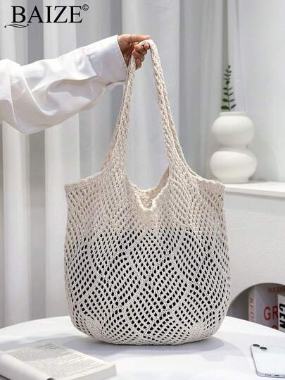 ENBEI Bolso de hombro de punto para mujer, bolso de mano grande con decoración floral tejida de estilo vintage, bolso de ganchillo, bolso de ganchillo para mujer, bolso de playa de otoño, esencial para vacaciones, perfecto para combinar con accesorios de playa, el bolso de playa talla grande popular para mujeres, accesorios de playa, necesidades de playa, suministros de playa y artículos esenciales de verano, último bolso de vacaciones, bolso de Navidad