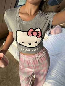 SANRIO 【奇幻世界】2件套Hello Kitty女士圆领印花短袖上衣+直筒弹力腰裤可爱睡衣套装 - 灰色 - 查看 3