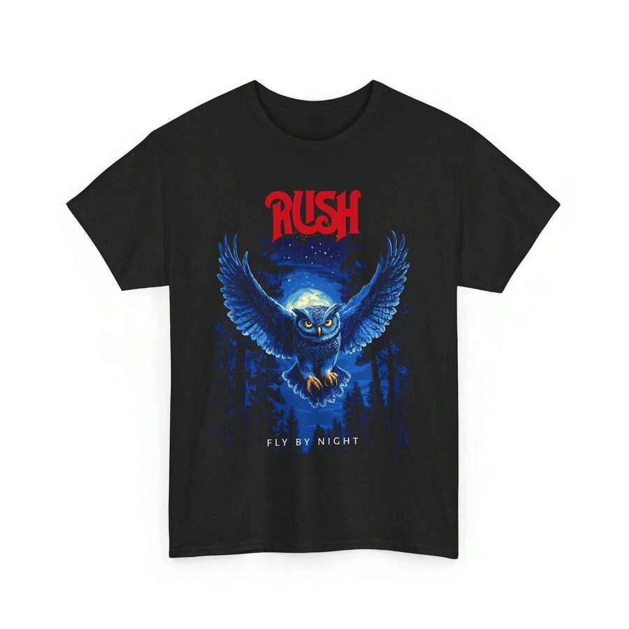 Rush Band Fly By Night Owl Graphic Tee Rock Music Vintage Style Album Cover Art Retro Aesthetic Night Scene Unisex Cotton T-Shirt, Sizes S-5XL - màu đen - Xem 1