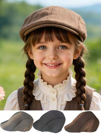 Children's Beret Hat, British Style Linen Cap, Fashionable Flat Top Hat, Classic Retro Taxi Driver Cap For Boys And Girls, Size 8-16 Years