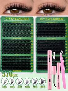 570pcs Mixed Eyelash Extension Kit, High Capacity Individual Lashes 10-16MM Mixed D-Curl Natural Soft Comfortable False Eyelashes, Includes Lash Glue, Tweezers And Lash Brush - Multicolor - View 2