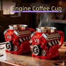 趣味复古引擎咖啡杯 V6/V8/V12 带把手不锈钢杯树脂 3D 饮水杯 父亲节礼物 - 彩色 - 查看 5