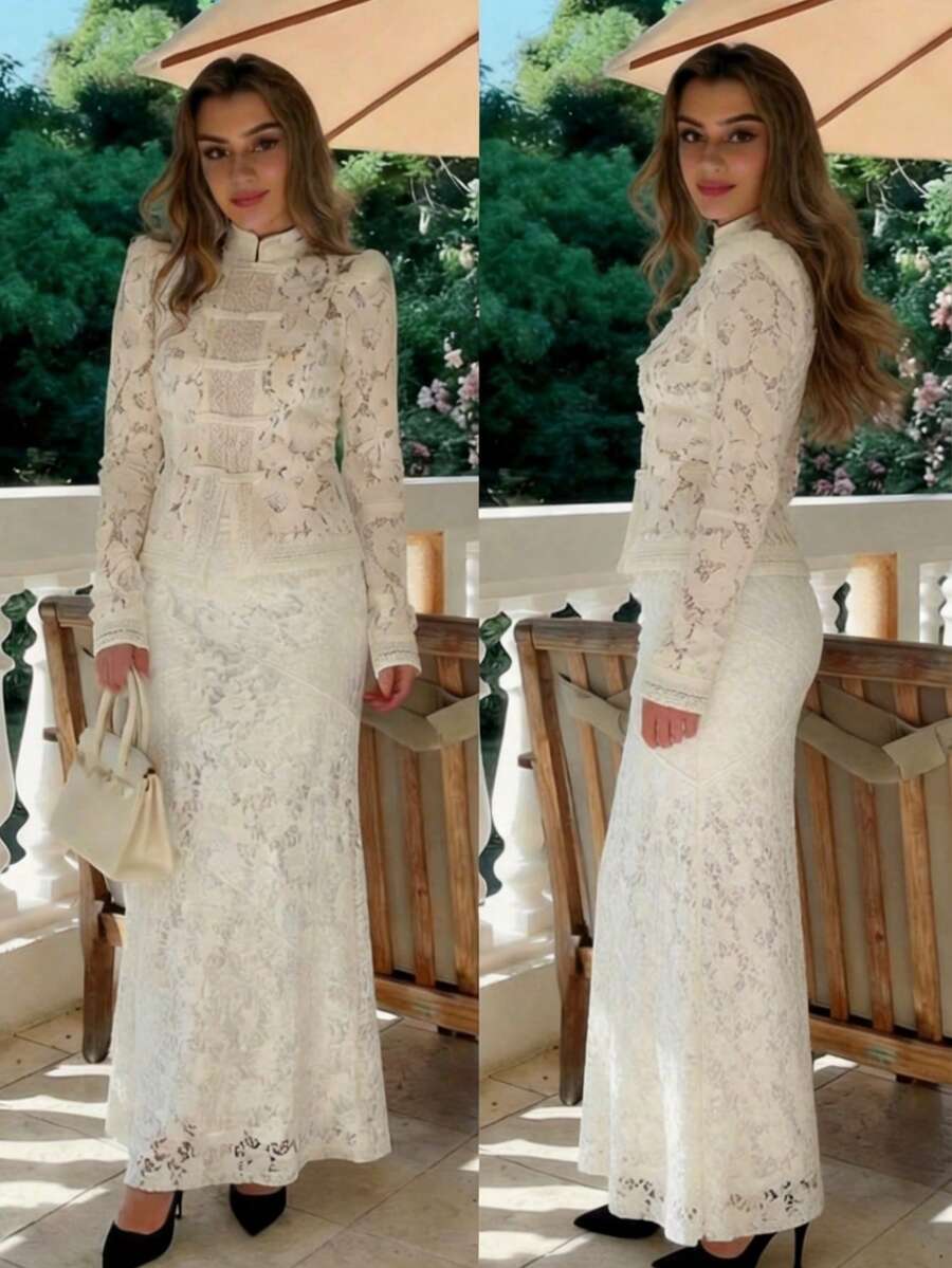 Chân váy ren thêu màu trơn thanh lịch dành cho nữ, phù hợp với trang phục mùa xuân, ngày lễ tình nhân và lễ hội, chân váy Ramadan, chân váy maxi dáng chữ A phối ren khoét lỗ đa năng kiểu Pháp mùa hè, chân váy maxi dáng suông phong cách Bohemian giúp thon gọn vóc dáng khi đi nghỉ mát. - trắng - Xem 1