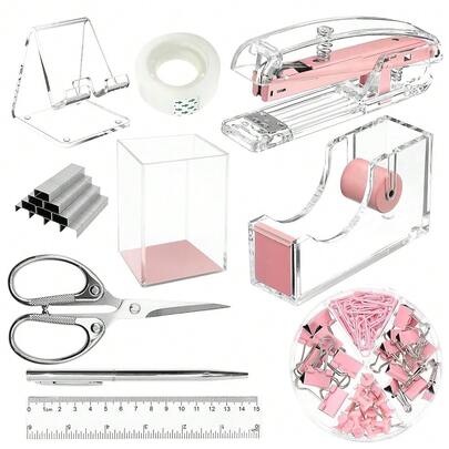 Pink Desk Organizers And Accessories Office Supplies, 10Pcs Set For Office With Stapler, Tape Dispenser, Pens, Pen Holder, Phone Holder, Tape, Ruler, 1 Box Staple, Scissors And 1 Box Of Clip