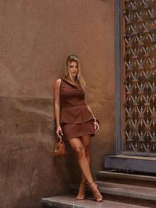 Women's Formal Outfit With Skirt, Shorts, And Sleeveless Blouse With Invisible Zipper. - 鏽棕色 - 查看 4