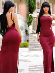 Long Ribbed Women's Dress With Built-In Bra, Spaghetti Straps, Open Back, Side Slit, Various Colors And Sizes, Casual. - Black - View 2