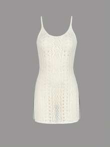 女士夏季欧美针织沙滩度假波西米亚风性感透视开衩沙滩罩衫钩针背心露脐吊带裙 - 白色 - 查看 6