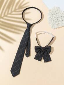 2pcs Classic All-Season Versatile Collegiate & Streetwear Style Shirt Accessories Set: Plaid Tie & Lapel Flower - Multicolor - View 2