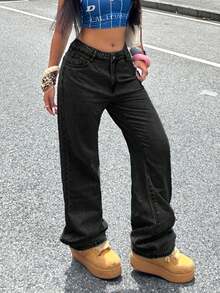 Women's Pocket Straight Loose Casual Versatile Jeans - Black - View 8