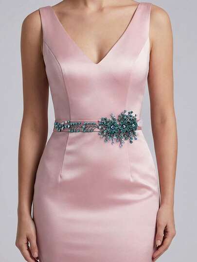 1pc Colorful Crystal Pearl Flower Decor Waist Belt, Elegant Crystal Flower Waist Sash Suitable For Wedding Dress, Formal Occasions, Parties, Outings For Women