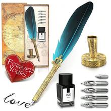 Vintage Feather Quill Pen And Ink Set - Blue Feather Pen And Ink Set, Writing And Drawing Tools With Stainless Steel Nib - Elegant Vintage Style Calligraphy Kit For Creative Hand Lettering - Azul - Ver 1