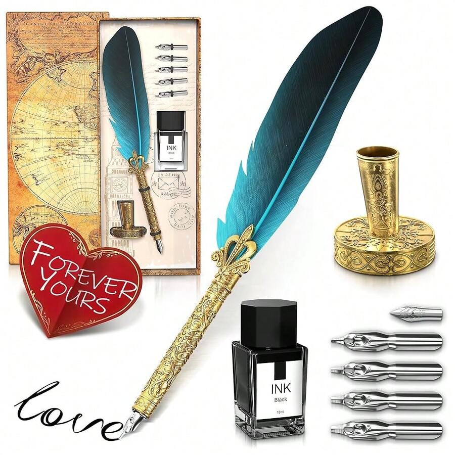 Vintage Feather Quill Pen And Ink Set - Blue Feather Pen And Ink Set, Writing And Drawing Tools With Stainless Steel Nib - Elegant Vintage Style Calligraphy Kit For Creative Hand Lettering - Azul - Ver 1
