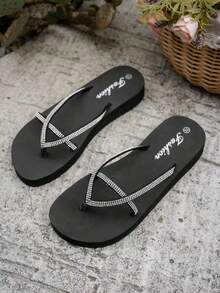 Women's Casual Rhinestone Plastic Soft Bottom Flat Slippers, Suitable For Party, Vacation, Black, Summer Beach Shoes - Black - View 5