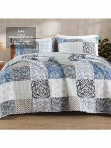 2/3件套床上用品（1个床裙+1/2个枕套，不含枕芯）花卉图案床裙被子格子拼接被褥套装，轻便双面床裙，家用 - 紅色 - 查看 12