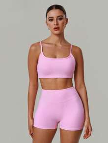 2 PCS CO Ord Set Women's Classic Spaghetti Strap Backless Sports Bra And High Waist Deep V Butt Lift Line Running Fitness Cycling Short Pink - 粉色 - 查看 3
