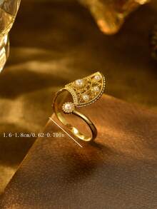1pc Vintage Faux Pearl Crescent Moon & Star Adjustable Ring, Suitable For Daily Wear, Party, Wedding, Valentine's Day Gift (No Box) - Yellow Gold - View 3