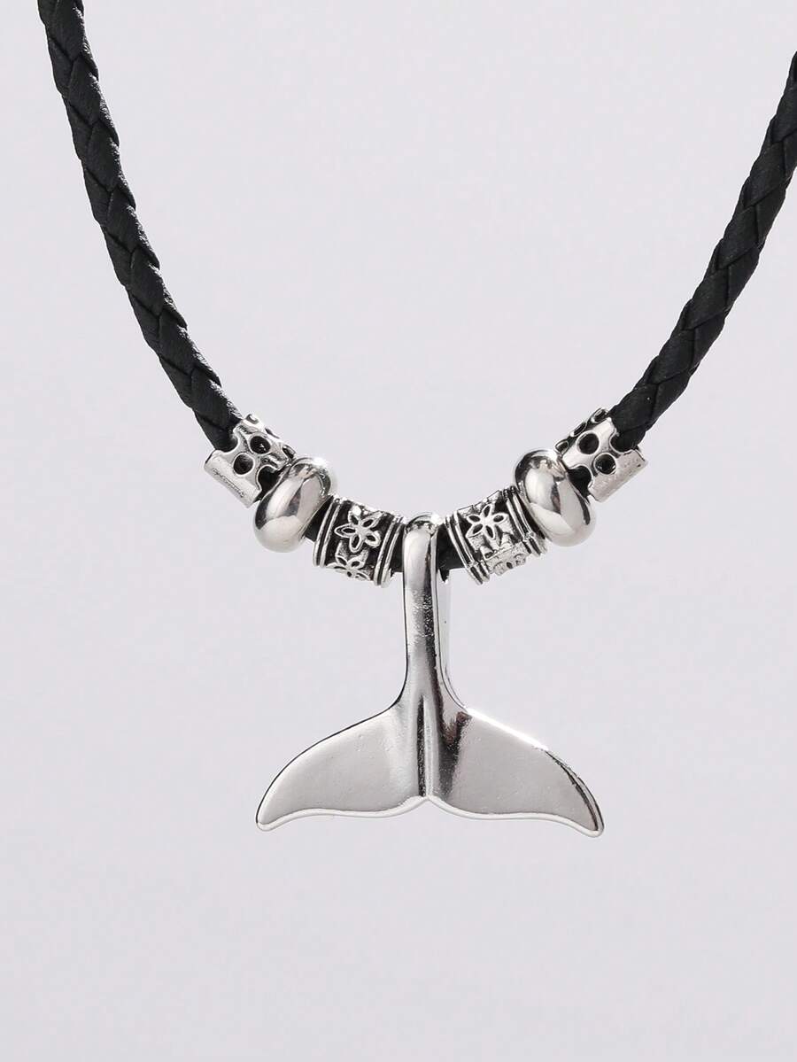1件锌合金串珠海洋鲸鱼尾巴吊坠可调节项链礼品 - 復古銀色 - 查看 1
