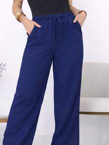 Wide-Leg, Loose-Fitting, High-Waisted Pants In Duna Fabric With Elastic Waistband And Pockets. - 藏蓝色 - 查看 2