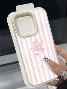 1pc INS Style Pink & White Striped Cute Sea Turtle Pattern Textured Soft Protective Phone Case, Waterproof Shockproof Slip-Resistant, Suitable As Birthday/Holiday Gift For Friends, Family, Couples, Compatible With Apple/ Phone Models - Multicolor - View 2
